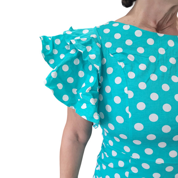 NWT Sisjuly Aqua Polka Dot Ruffle Trumpet Mermaid Dress L Coquette Retro Wiggle - Picture 3 of 9